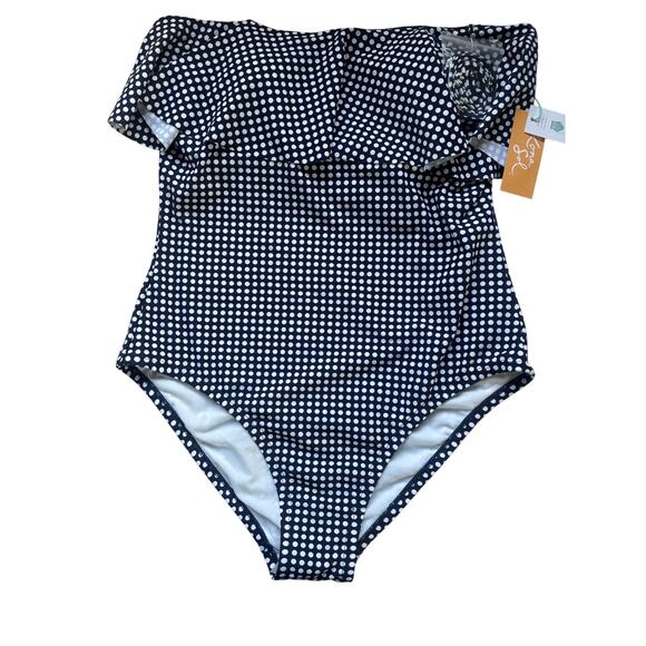 Kona Sol Navy White Polka Dot Medium Coverage Ruffle One Piece Swimsuit Size L - Picture 1 of 5